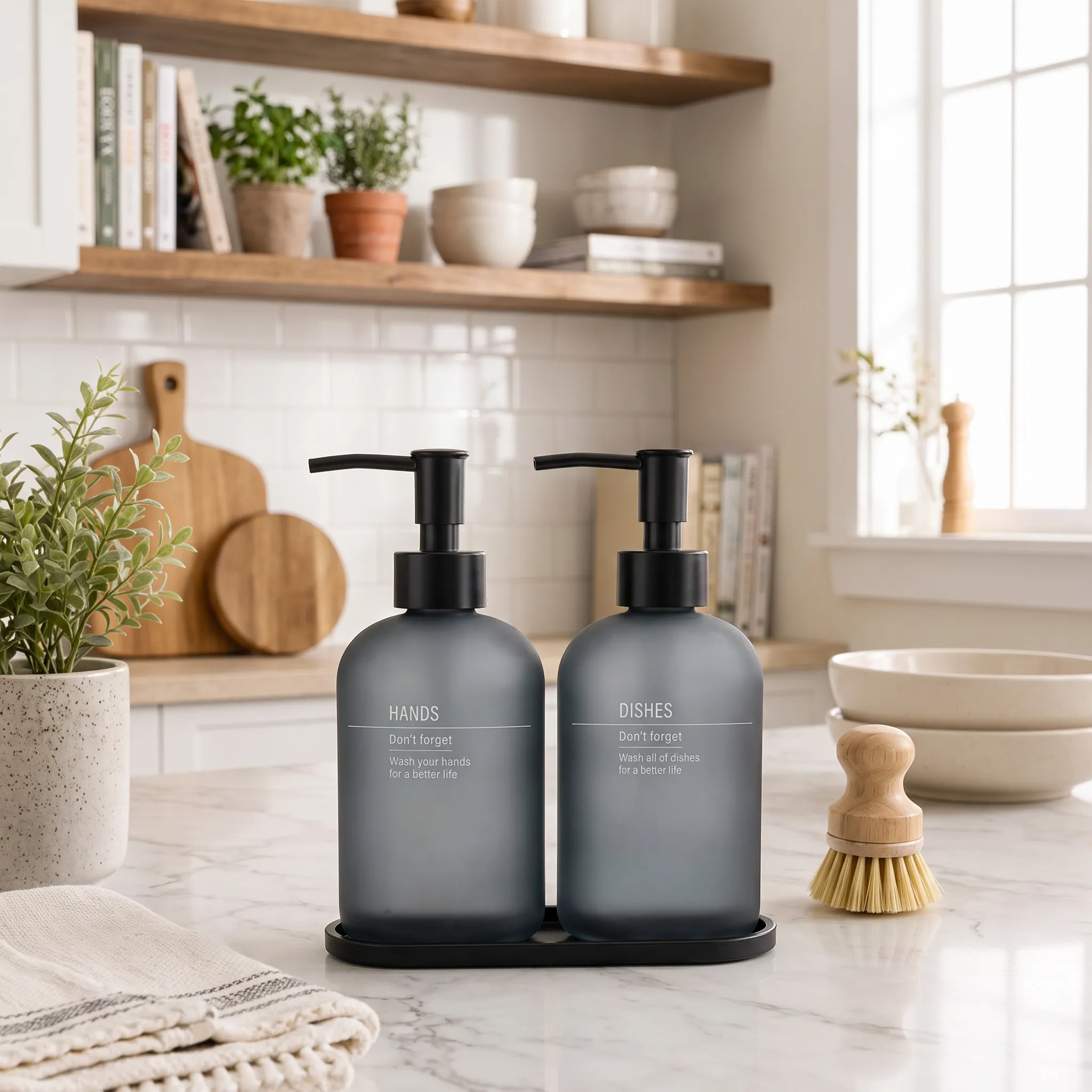 2-Piece Tall Soap Dispenser Set with Pumps and Tray – Dark Gray