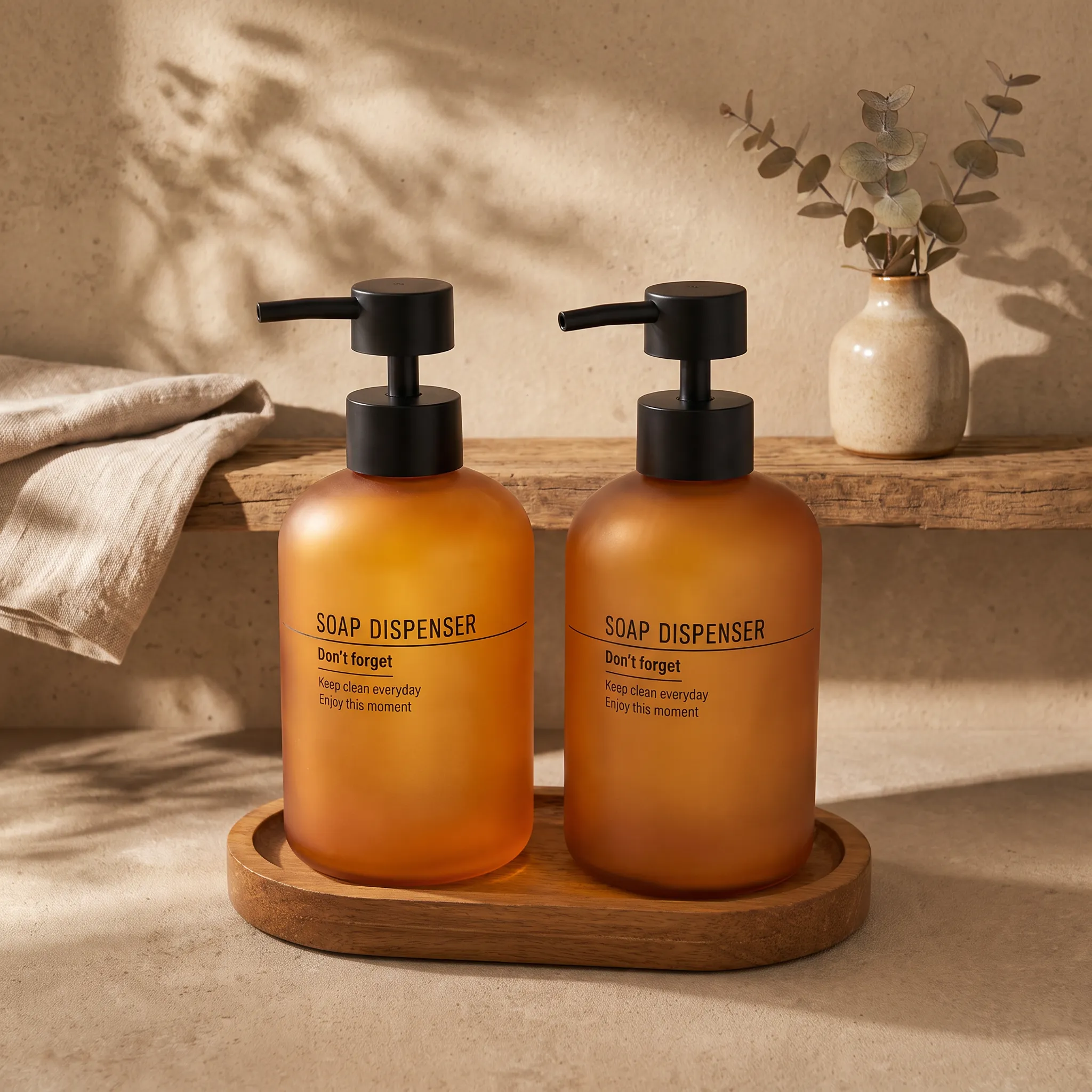 2-Piece Tall Soap Dispenser Set with Pumps and Tray – brown color option