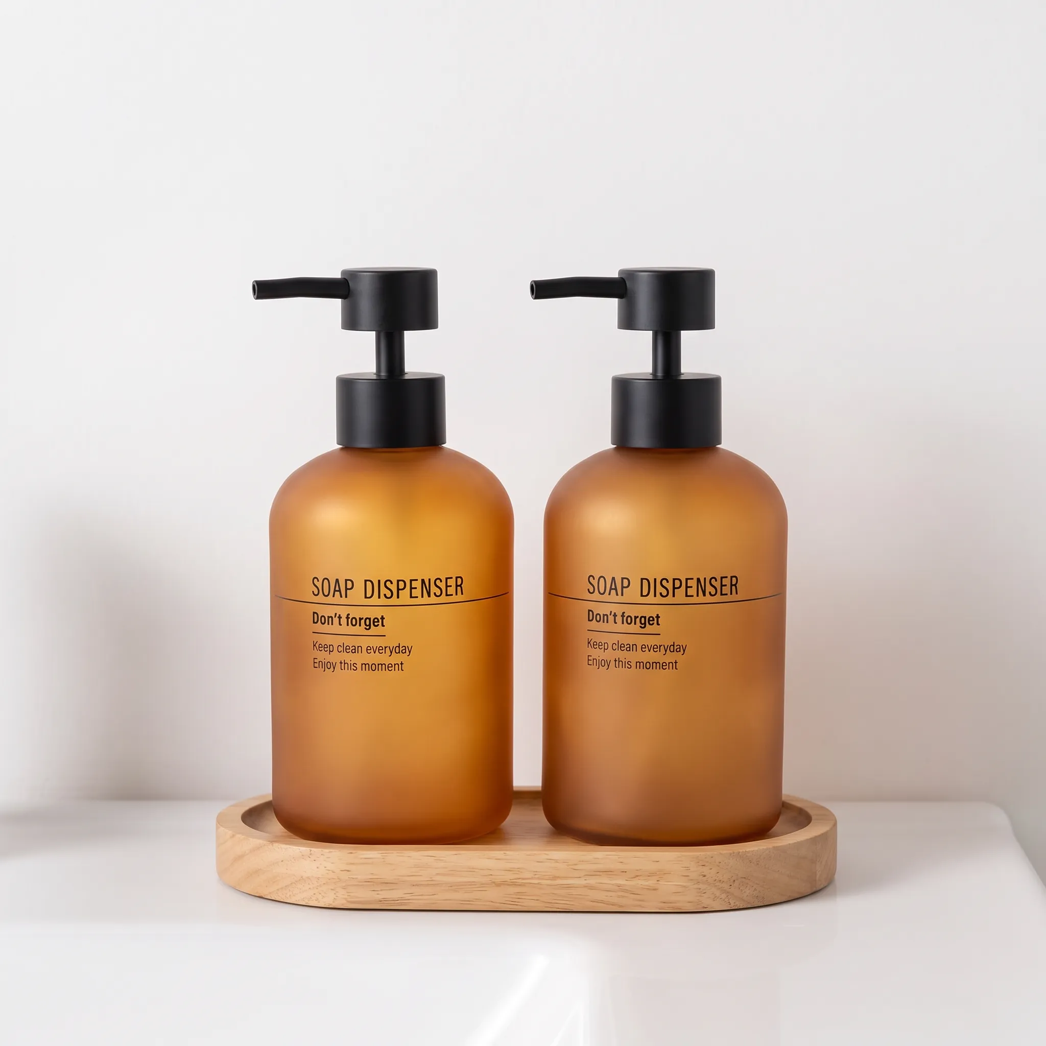 2-Piece Tall Soap Dispenser Set with Pumps and Tray – brown