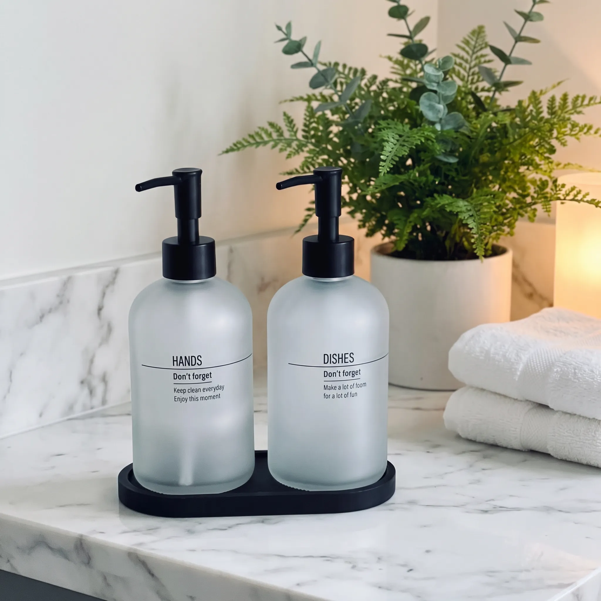2-Piece Tall Soap Dispenser Set with Pumps and Tray – white