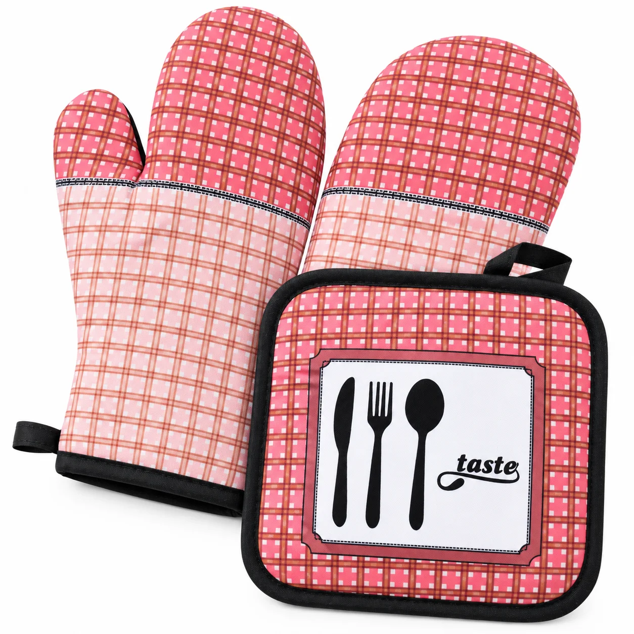 3-Piece Kitchen Oven Mitt & Pot Holder Set with Checkered Pattern – Pink & Black color option