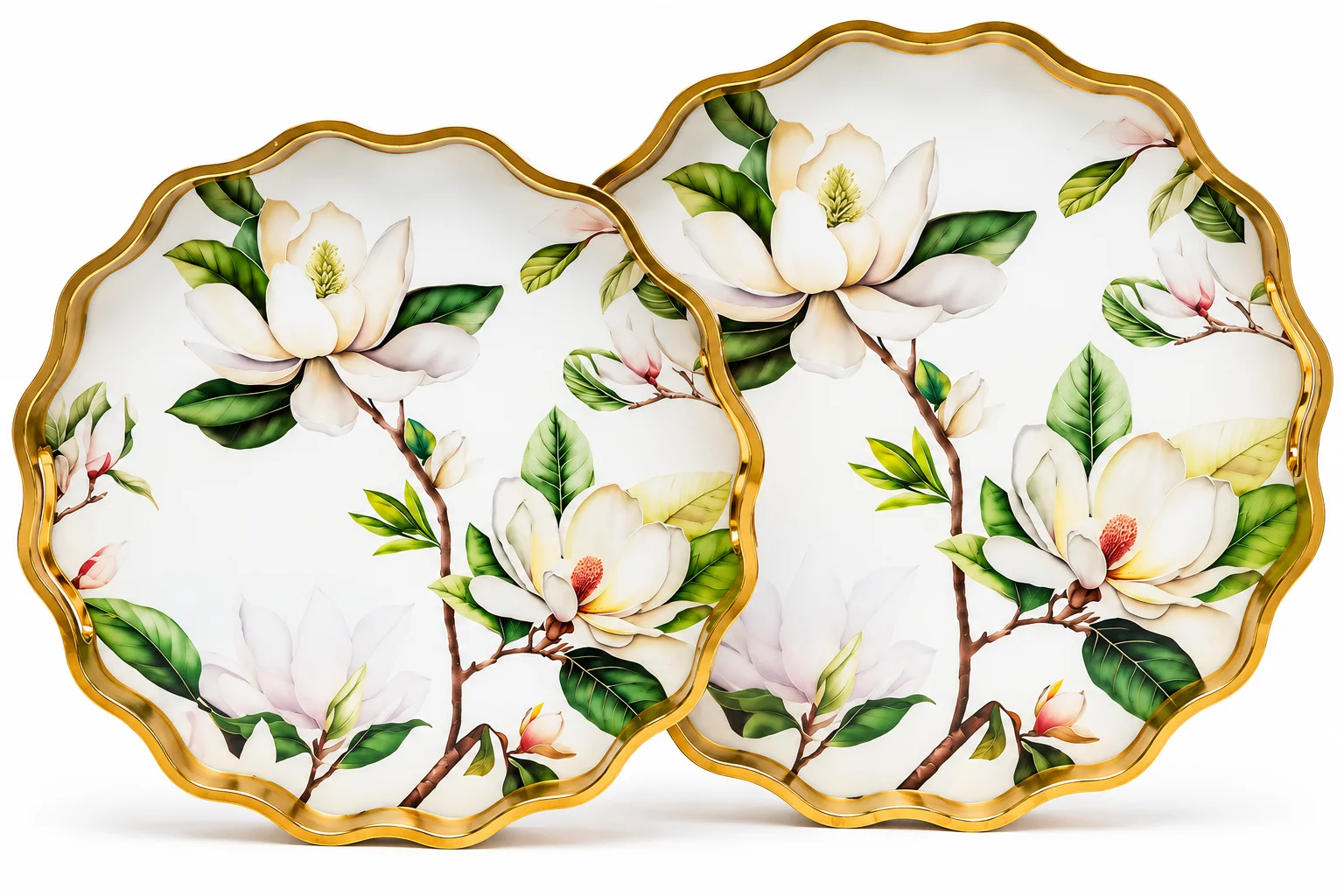 2-Piece Round Decorative Serving Tray Set with Magnolia Floral Design & Gold Rim – White & Green