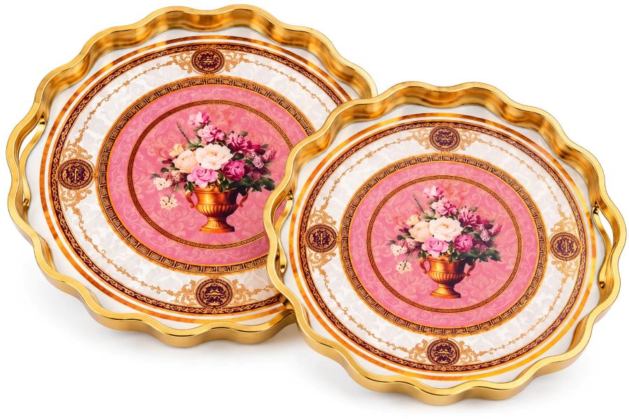 2-Piece Round Decorative Serving Tray Set with Floral Bouquet Design, Gold Wavy Edges & Handles – Pink, White & Gold color option