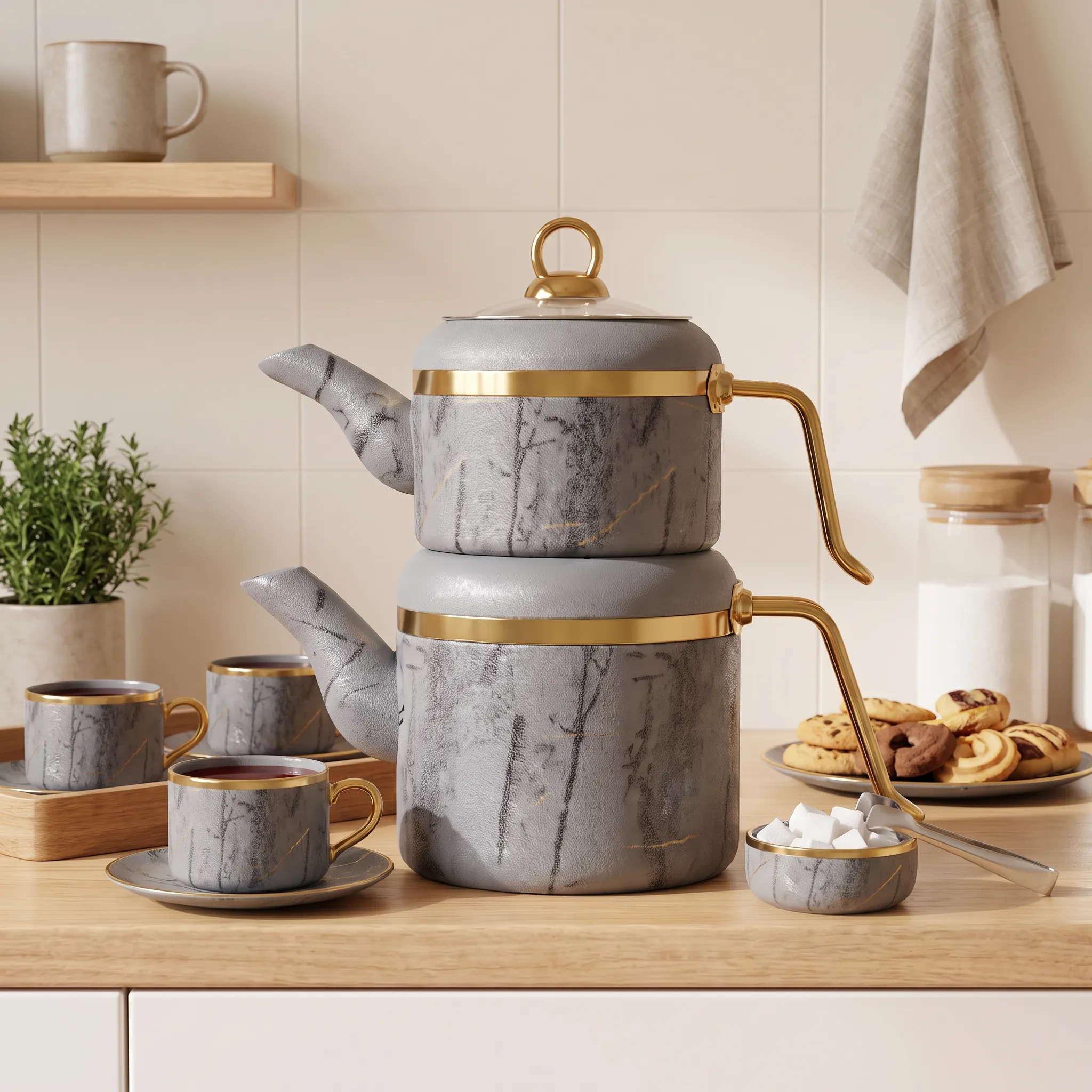 Ozlife Marble Pattern Teapot –Grey & Gold