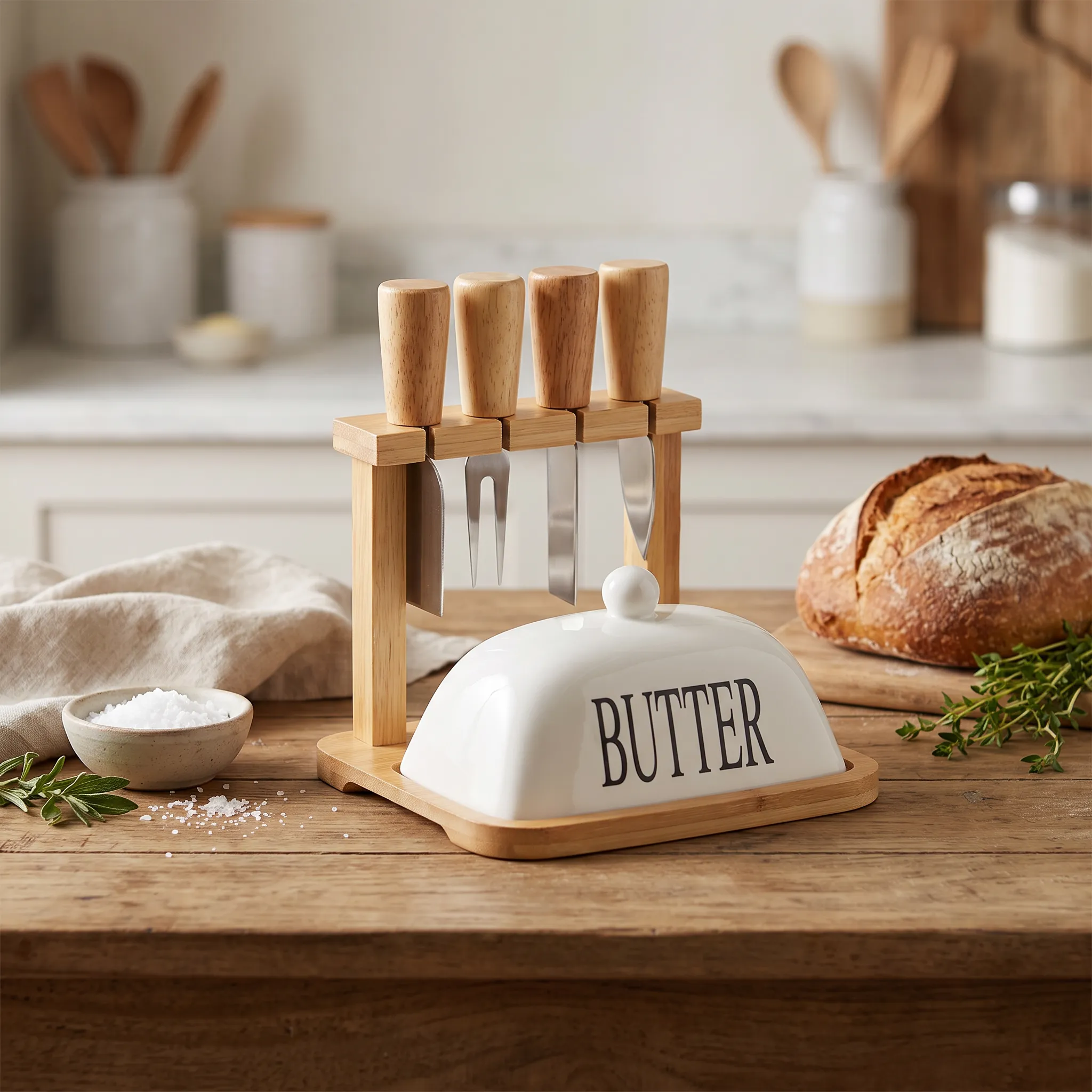 6-Piece Cheese & Butter Storage and Serving Set – White & Wood color option