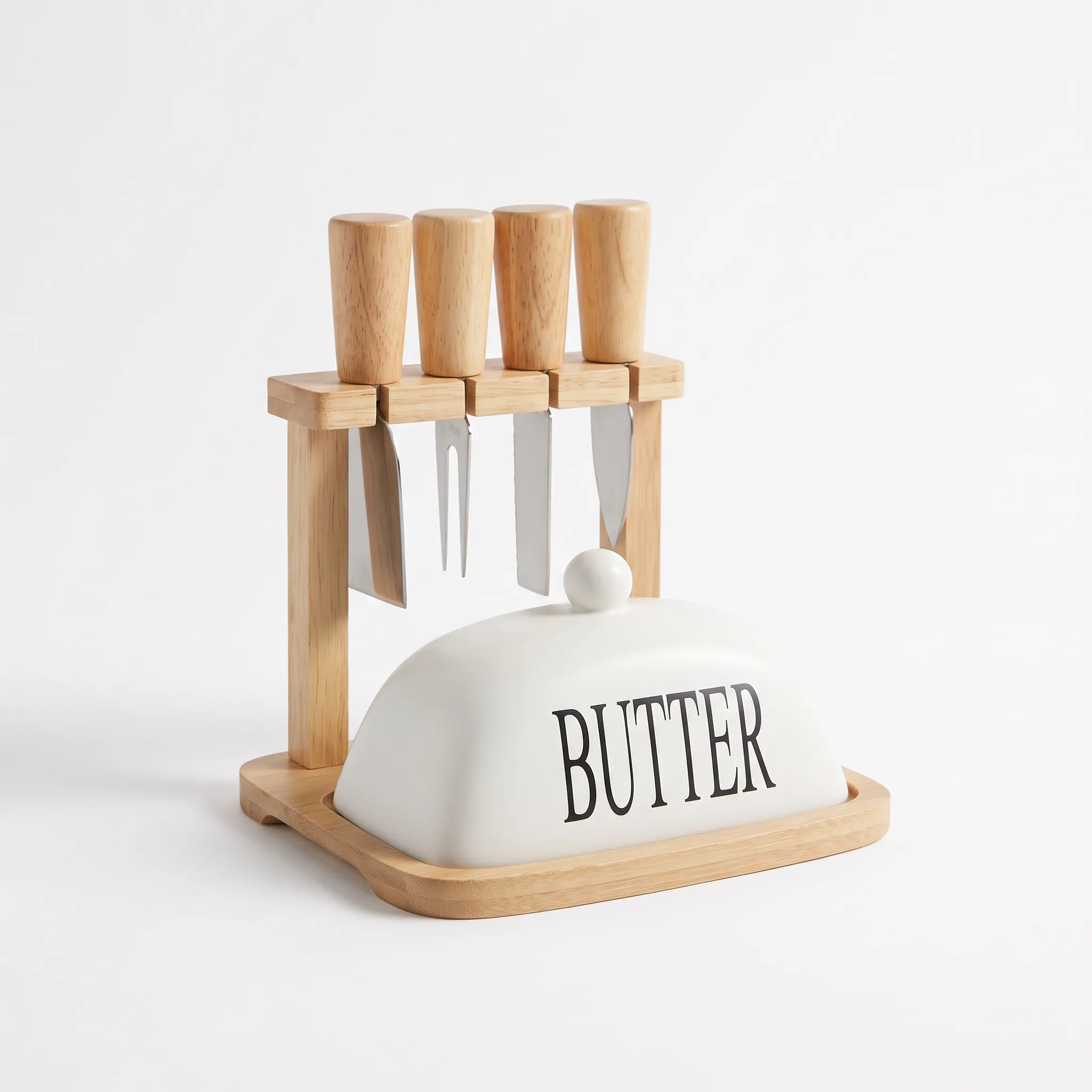 6-Piece Cheese & Butter Storage and Serving Set – White & Wood