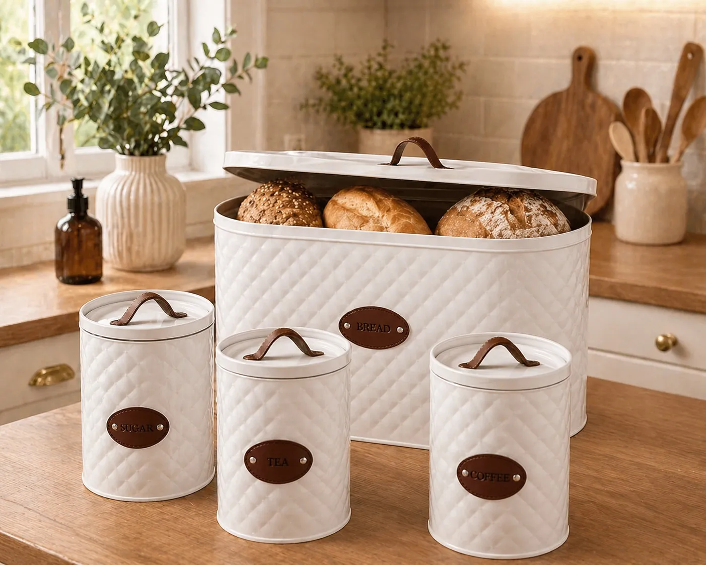 Bread Storage Box with 3 Tea, Coffee & Sugar Canisters – White & Brown
