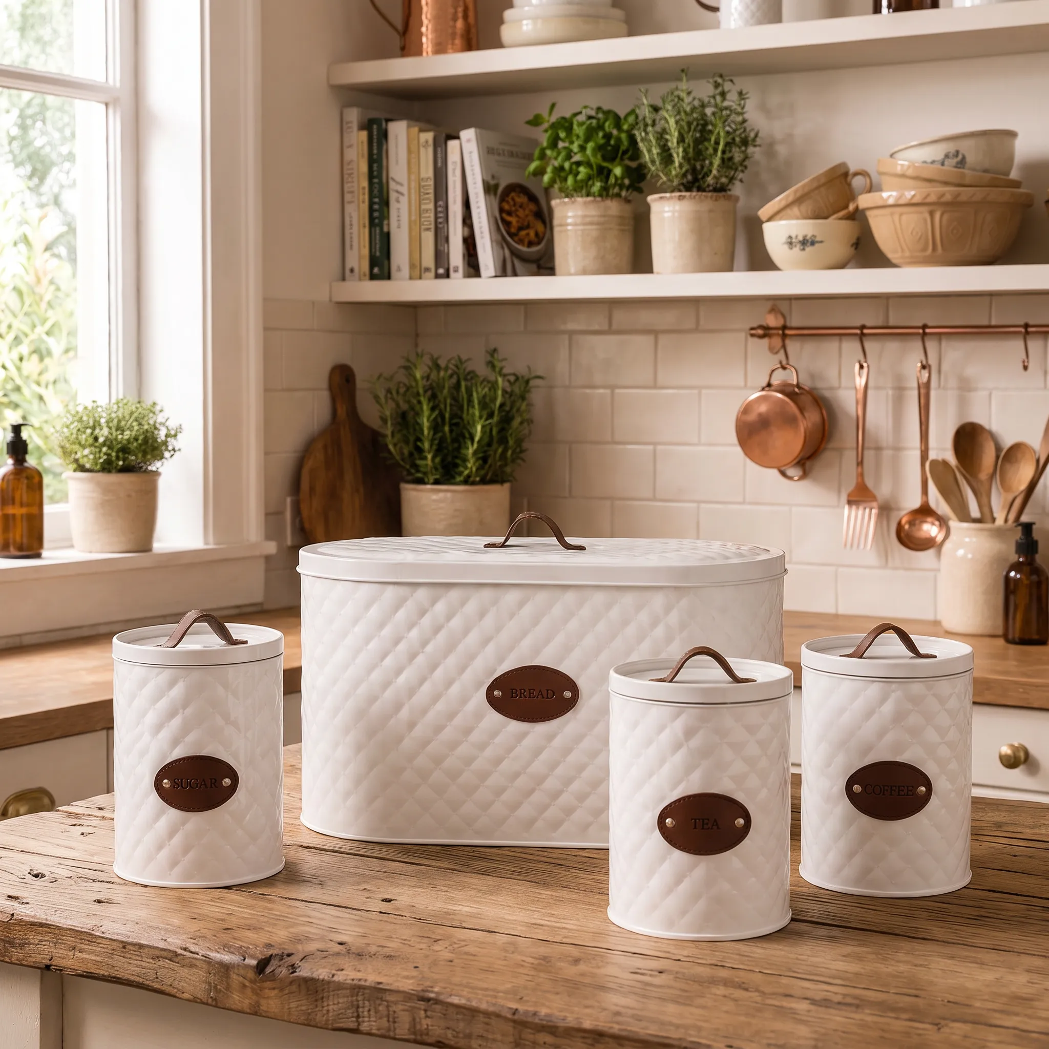Bread Storage Box with 3 Tea, Coffee & Sugar Canisters – White & Brown