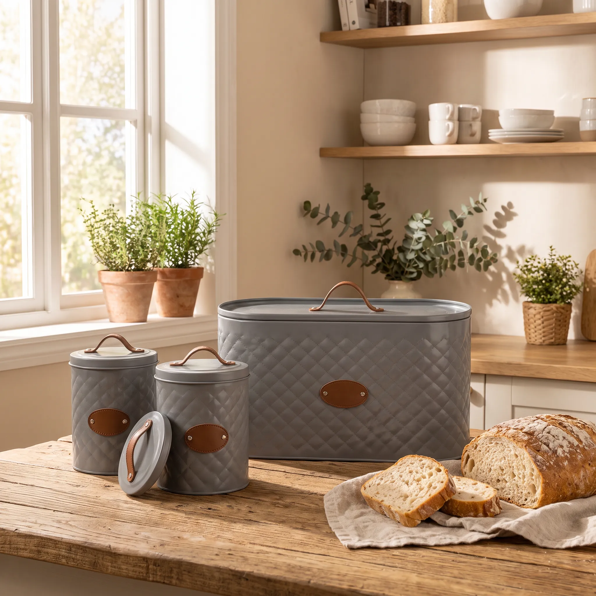 Bread Storage Box with 3 Tea, Coffee & Sugar Canisters – Gray & Brown